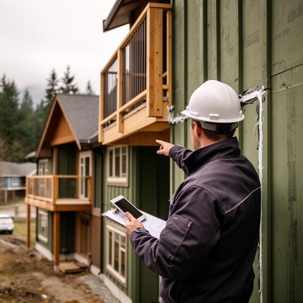 Sentinel construction professional inspecting the exterior envelope of a low-rise multi-family residential building