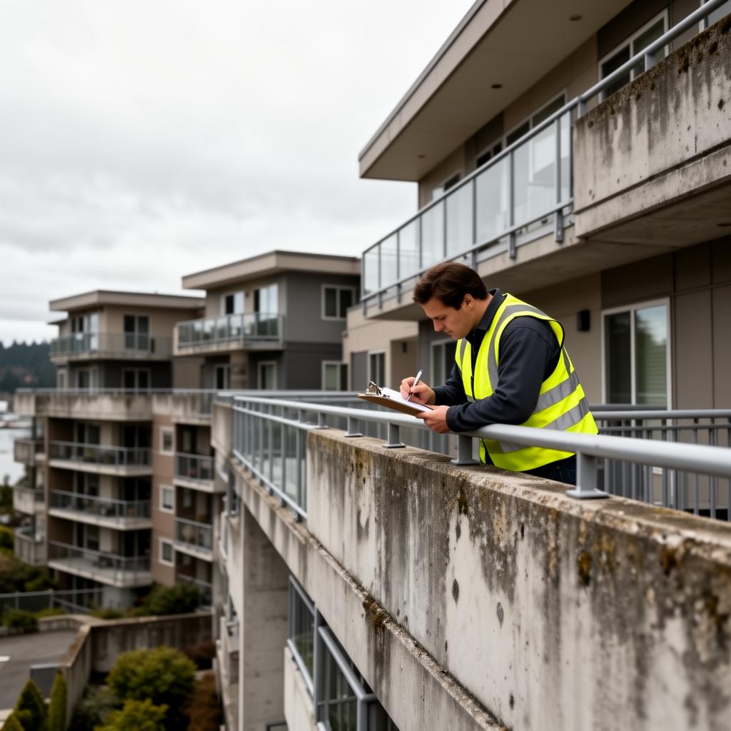 Building inspector reviewing rooftop conditions on a multi-family residential building